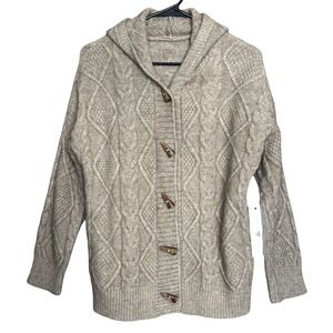 NWT Woven Heart Womens Cable Knit Hooded Cardigan Sweater S Beige Cabincore Cozy